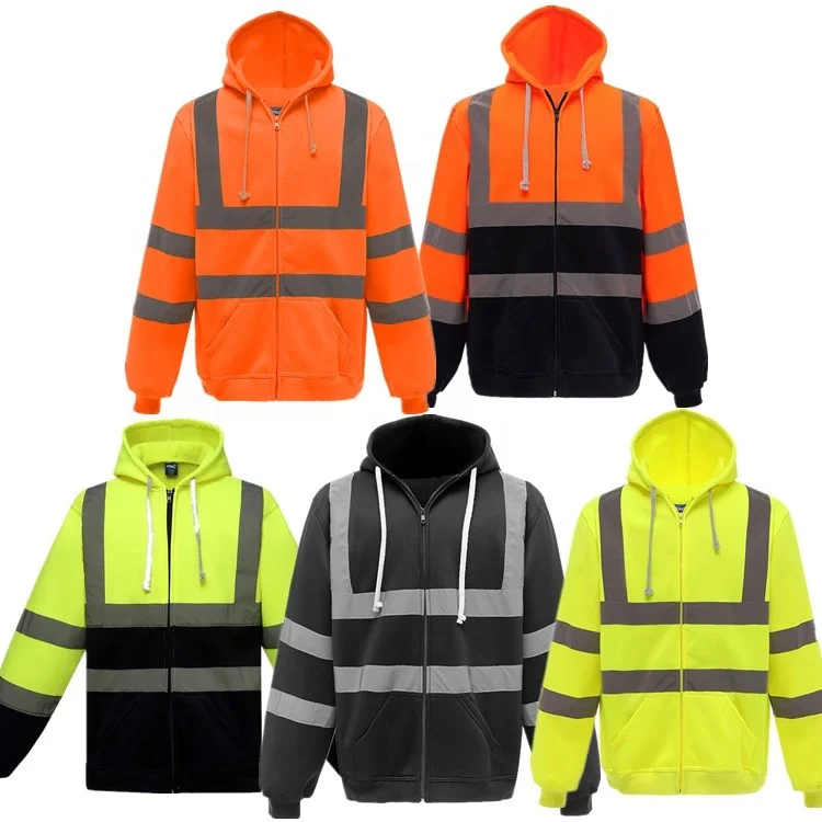 

logo custom high visibility reflective uniform construction industry night work safety security zipper zip hoodie hoodies