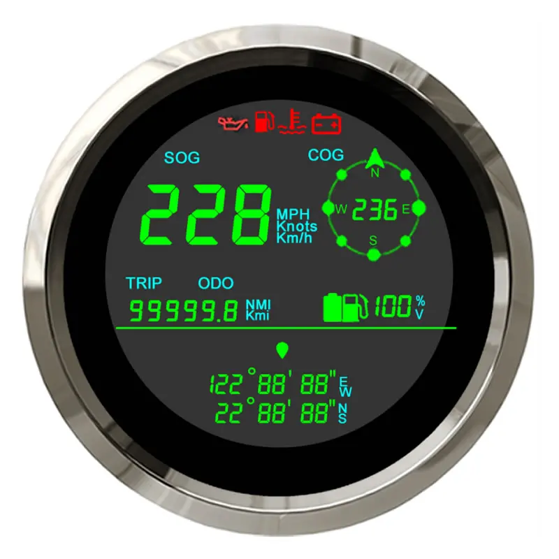 

85mm LCD GPS Speedometer for Motorcycle with Latitude and Longitude Indicator Include Fuel Gauge Voltmeter Marine Boat Gauge, Black and white face for optional