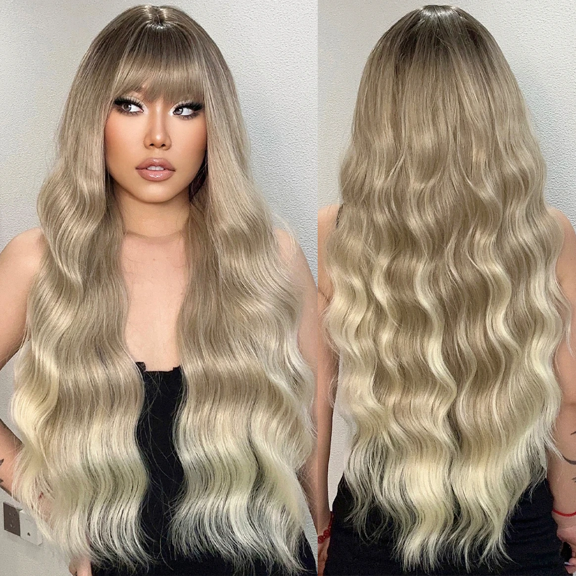 Factory Wholesale Price Long Water Wave Synthetic Wigs Brown Platinum Ombre Wigs Natural Light Golden Hair Wigs With Bangs