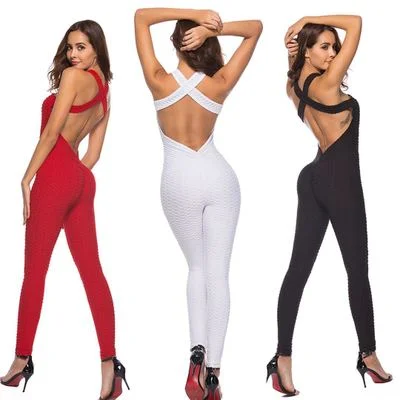 

Hot Sale Bubble Jacquard Tight Sexy Jumpsuits One-piece Cross Back Dress for Women
