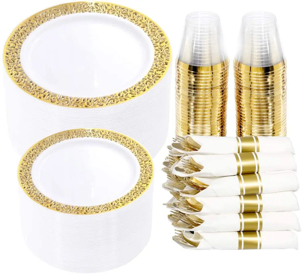 

350 Pieces Gold Plastic Dinnerware Disposable Gold Lace Plates 50 Set Dinner Plate Silverware and Cup