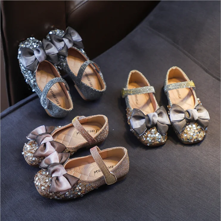 

High Quality Girls Autumn Fancy Princess Bowknot Shoes Kids Soft Dress Shoes, Black, gray, champagne