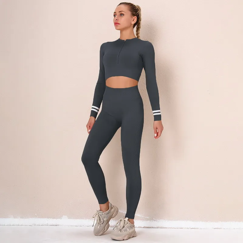 

Latest Design Women Two Piece Long Sleeve Jacket Crop Top And Butt Lifter Yoga Legging Set Activewear, As picture