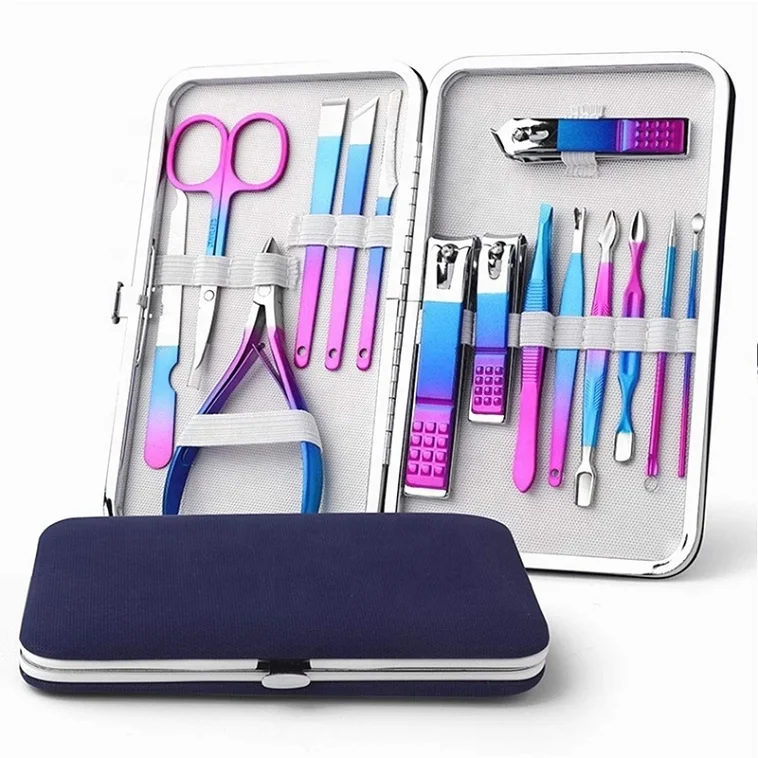 

Gradient Blue Color 15 piece Nail Clippers Set Professional Manicure Pedicure Set Stainless Steel 15Pcs Manicure Nail tools kit, According to options