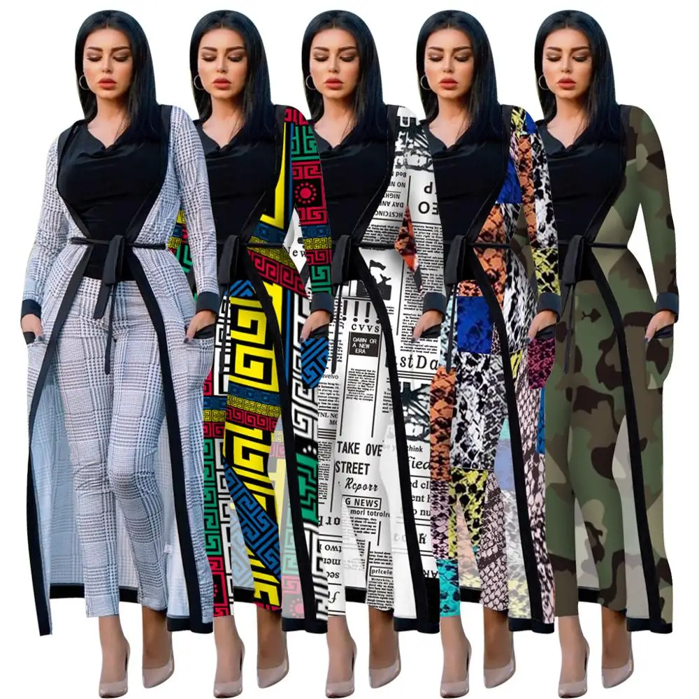 2020 QM-3535 Women 2 Piece Outfits Clubwear Long Sleeve Open Front Plaid Cardigan and Pants Set