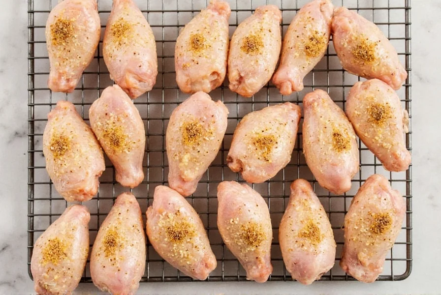 Chicken wings coated in lemon pepper seasoning arranged on a wire rack before baking