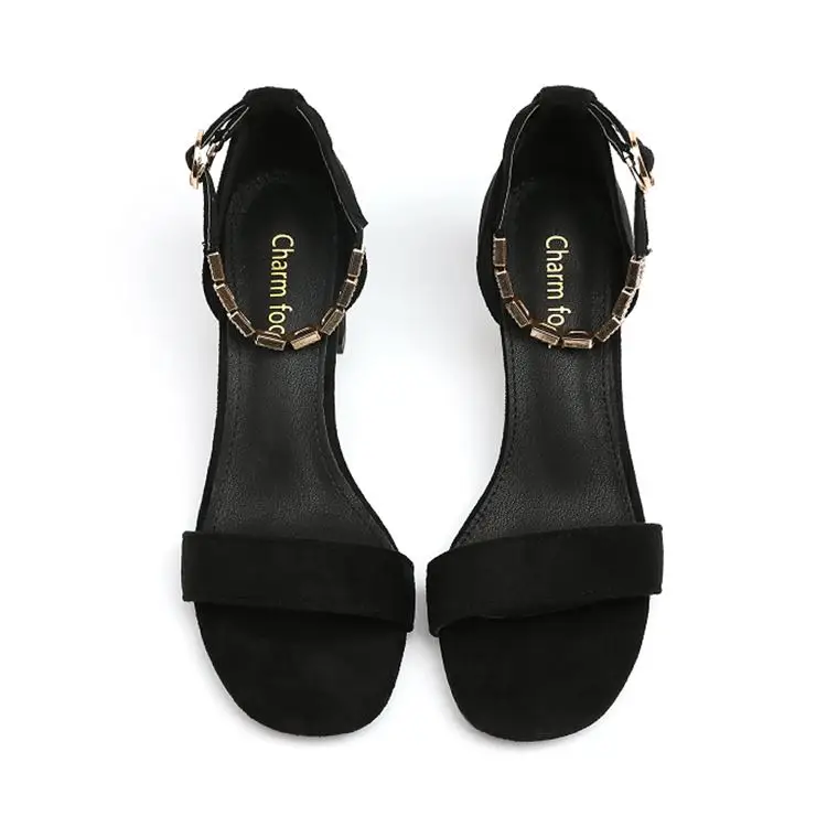 

New Summer Fashion Atmospheric Suede Button Drill Thick-heeled Lady's High heeled Sandals, Black, pink