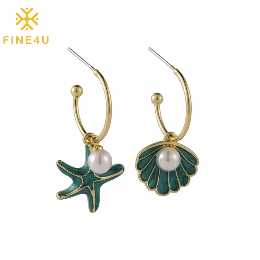 

Fashion trendy women jewelry Blue asymmetric starfish shell pearl hawaii 2021 summer earrings