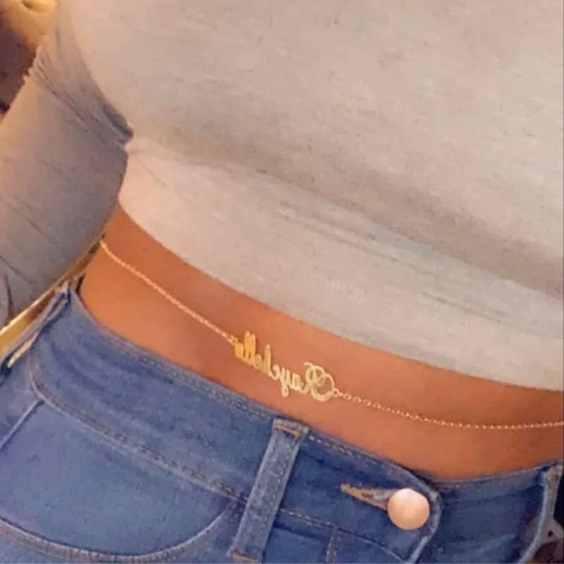 

Stainless Steel Name Belly Waist Chain Custom 14k 18k Gold Plate Body Chain Personalized, Silver /gold