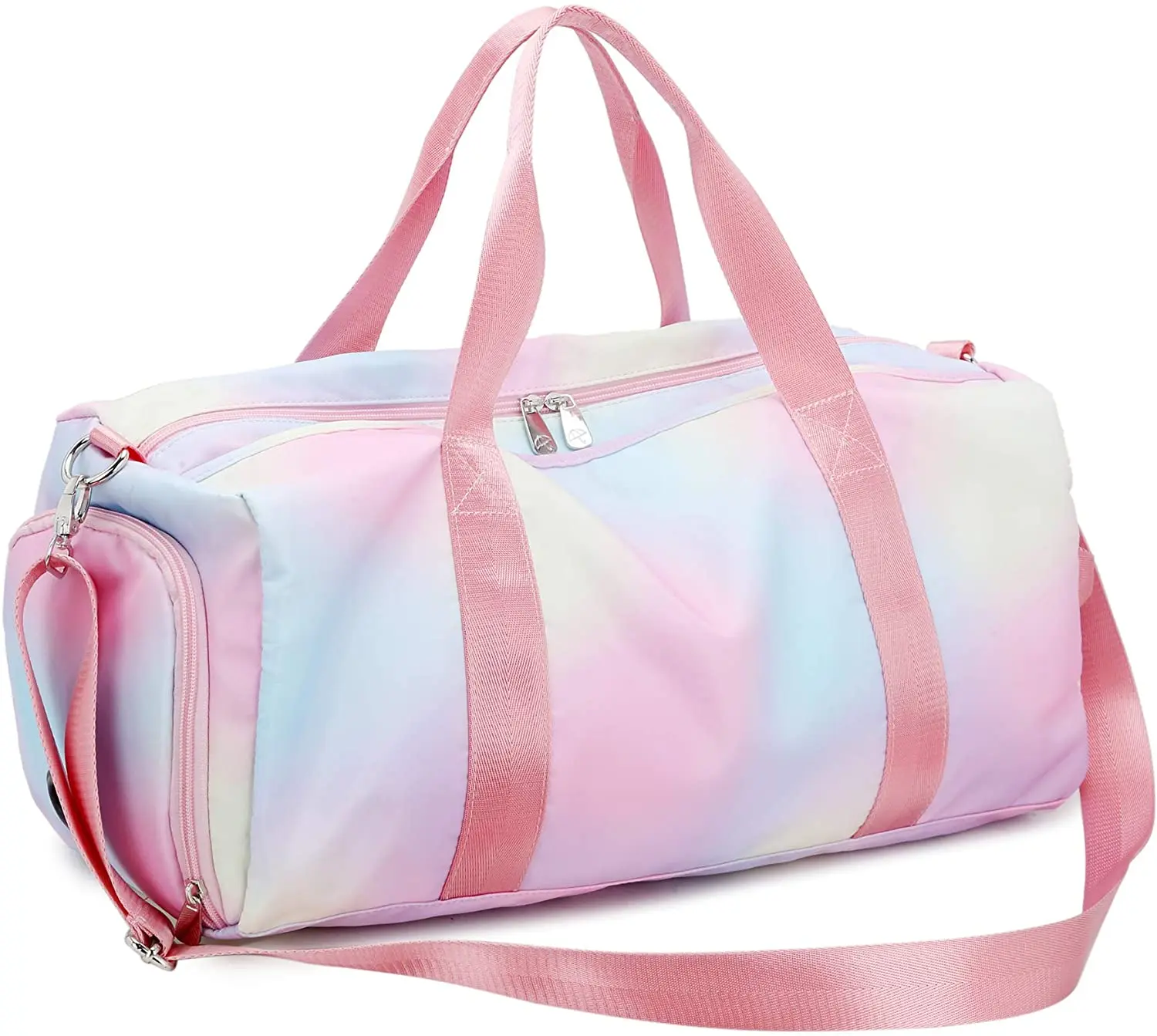 

Wholesale Cute Duffel Bag Custom Overnight Pink Rainbow Sport Gym Women Travel Weekend Bag with Shoe Compartment Wet Pocket