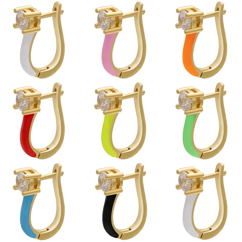 

New Fashion 18K Gold Plating Diamond Oil Dripping Hoop Earring Colorful Enamel CZ Clip On Earrings