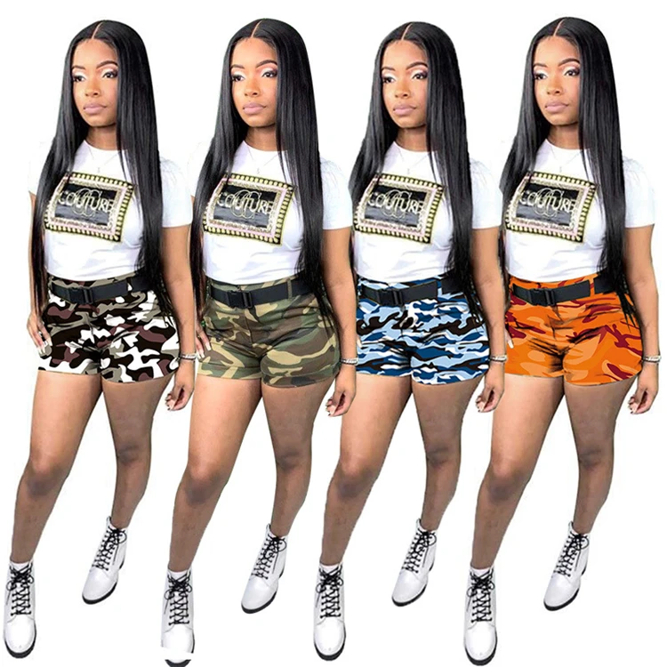 

D94272 Short sleeved T-shirt and camouflage shorts two-piece women suit