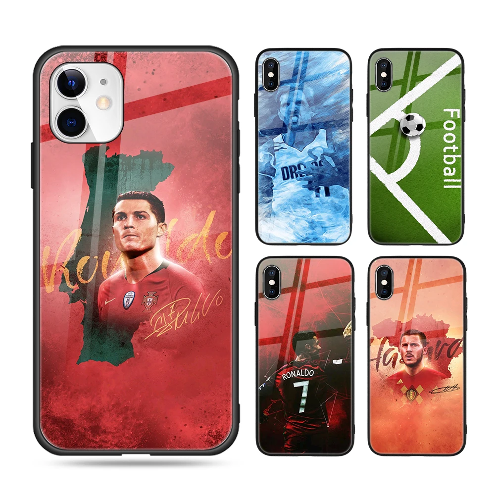 

Custom Print Messi Ronaldo Tempered Glass Phone Case for iPhone Case XS 7/8 11 SE2020 Cover for Samsung Galaxy S20, Black