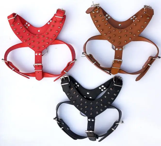 

Dropshipping Black Red Brown PU leather vest Pitbull Adjustable spiked Silver Rivets Big Dog Spike Harness