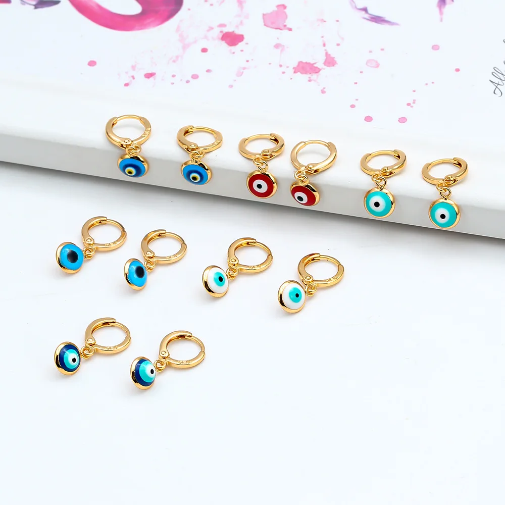 

Fashion Gold Hoop Turkish Evil Eyes Drop Earrings Colorful Hanging Eyes Clip On Earrings for Women