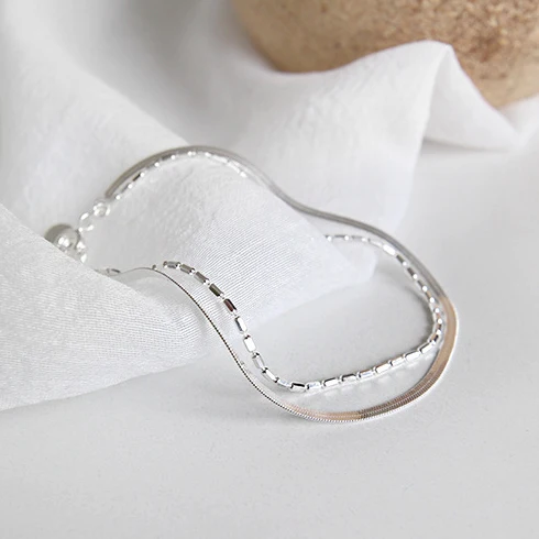 

925 Sterling Silver Set of Two Dainty Chain Bracelet Layering Snake Chain Bracelet for women