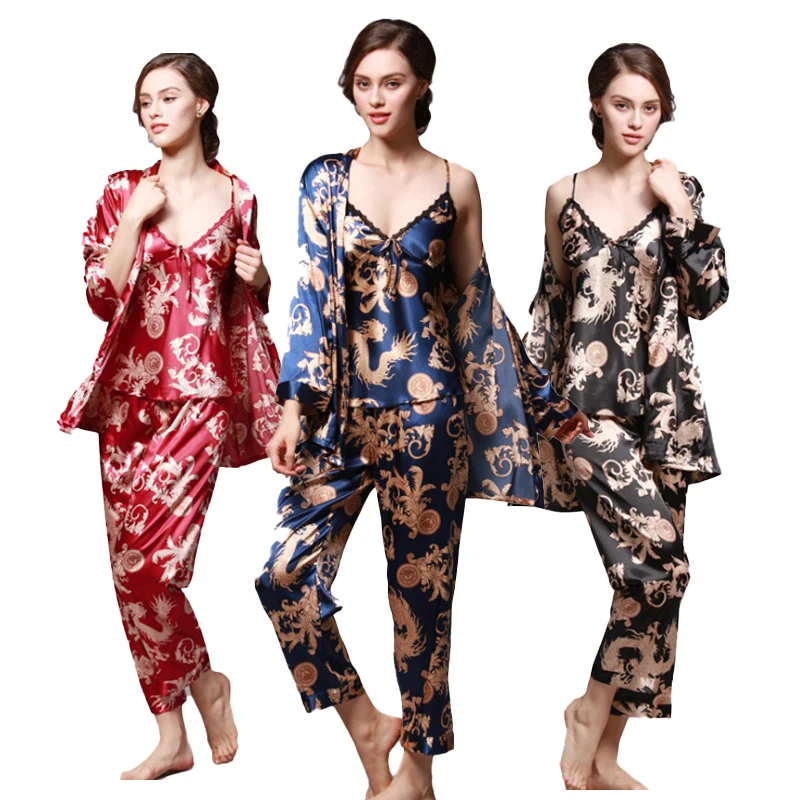 

3 Pcs/Set Silk pajamas women's spring and summer Dragon Robe printed Silk Household clothes 3 piece Set nighty, As show