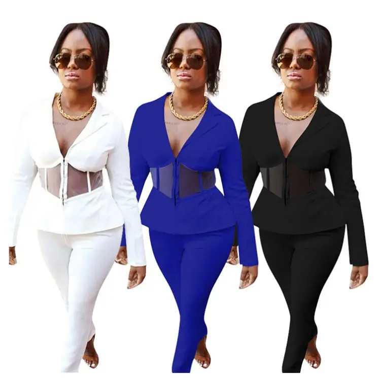 

Best Seller 2020 Sexy Mesh Ruffles Splice V Neck Elegant Women Clothing 2 Piece Sets Womens Two Piece Set