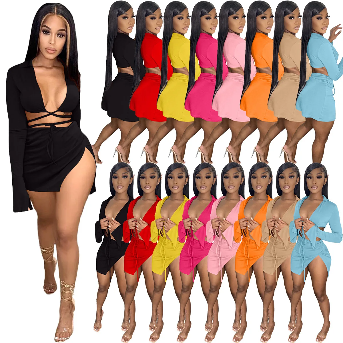 

Sexy V-neck Bandage Top Side Split Dress Skirt Sexy Summer Outfits Solid Long Sleeve Crop Top Swimsuit Set For Women, Picture color