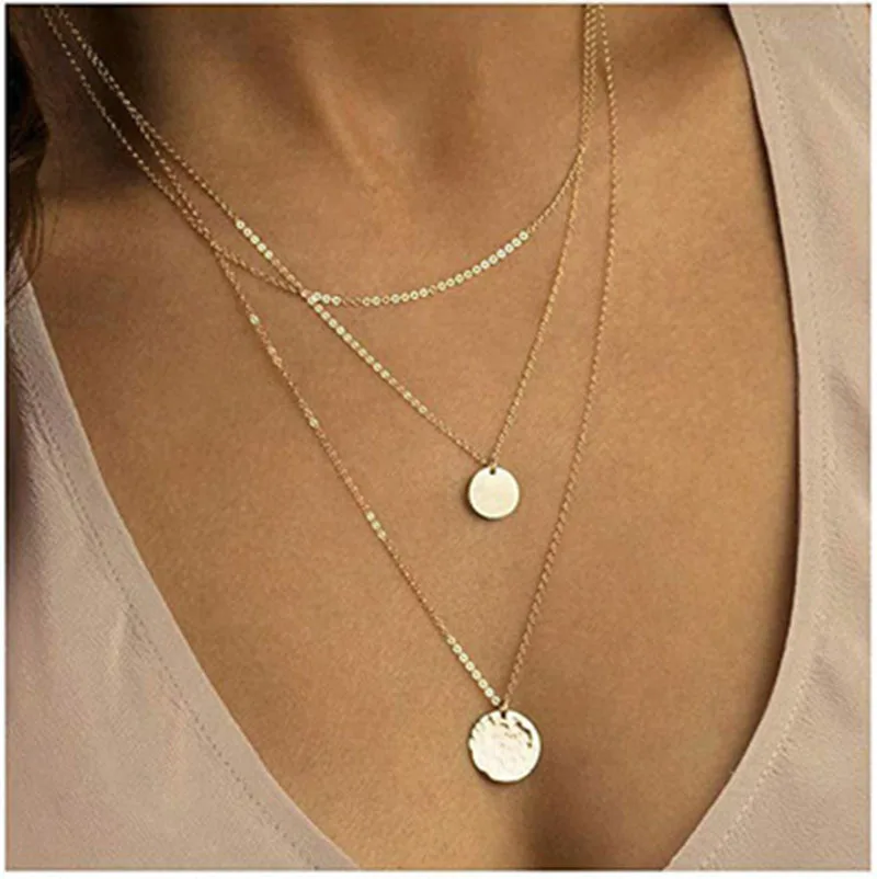 

2021 Wholesale New Arrival Layered Gold Silver Charm Necklace Round Pendant Necklace for Women