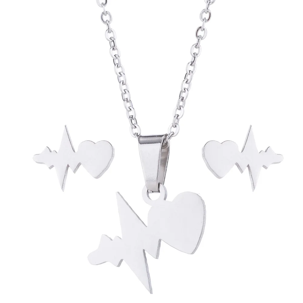 

Custom Medical Stainless Steel Heart Lightning Necklace And Earrings Jewelry Set, Gold+white