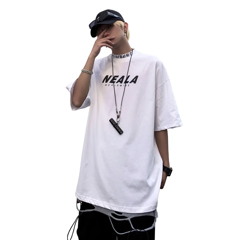 

Hip Hop Street Printed Mock Neck Half Sleeve Drop Shoulder Oversize T Shirt for Men