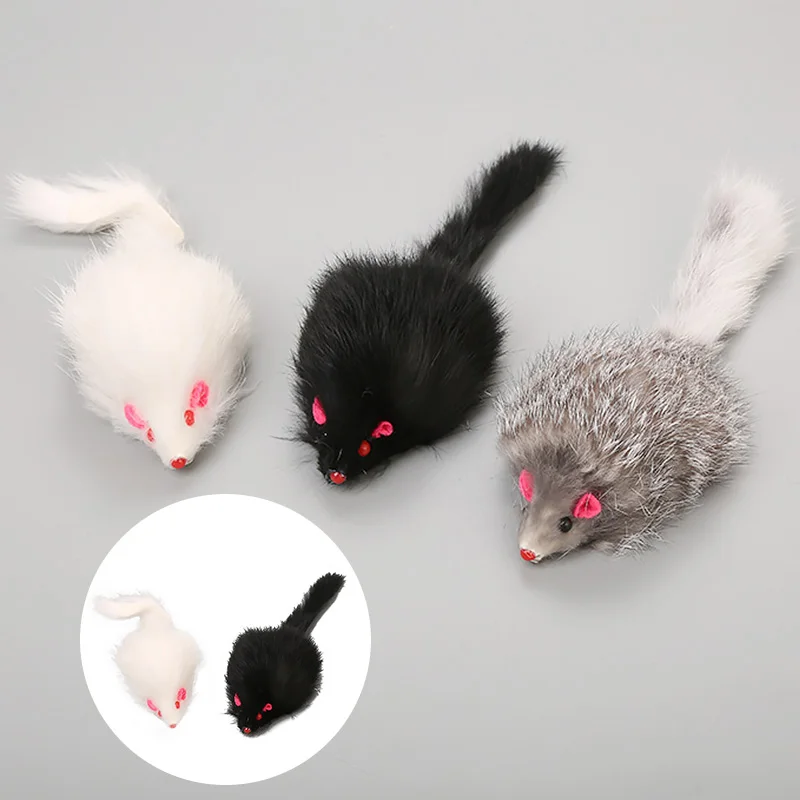 

False Mouse Pet Cat Toys Long-haired Tail Mice Toys Soft Rabbit Fur Furry Cat Toy For Pet Cats Dogs, White, black, gray
