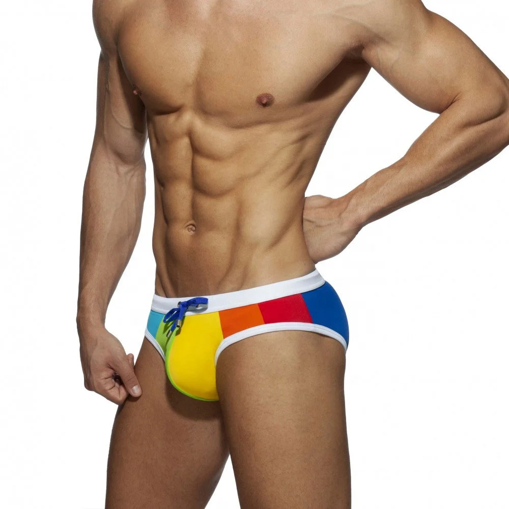 

Rainbow Triangle Swimming Pants GZFZ-UXH043 Sexy Color Matching Thickened Nylon Triangle Pants, Shown