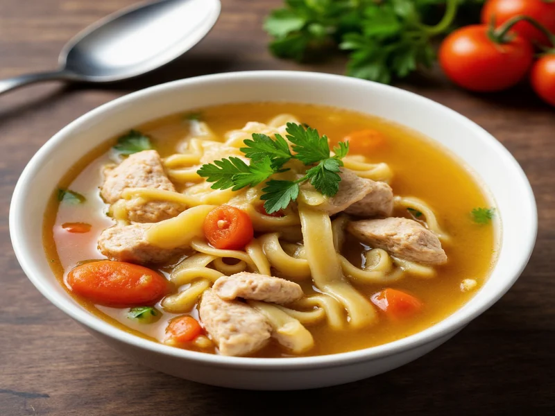 Bowl of steaming chicken noodle soup with fresh parsley garnish