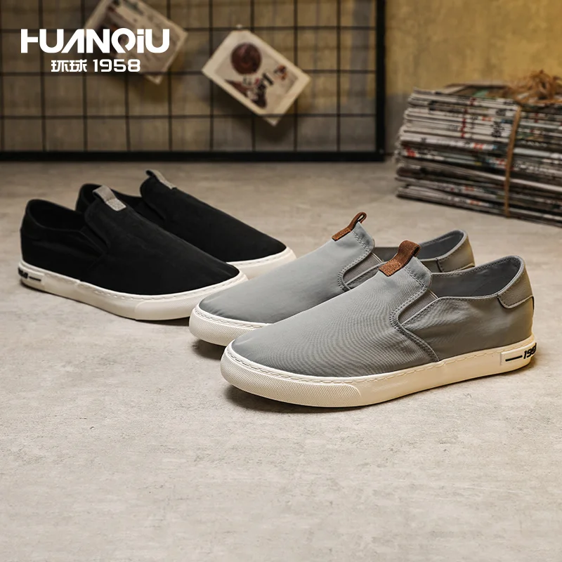 

H20871 HUANQIU Autumn Breathable Slip On Rubber Black Canvas Flat Shoes Canvas For Men, Grey/black