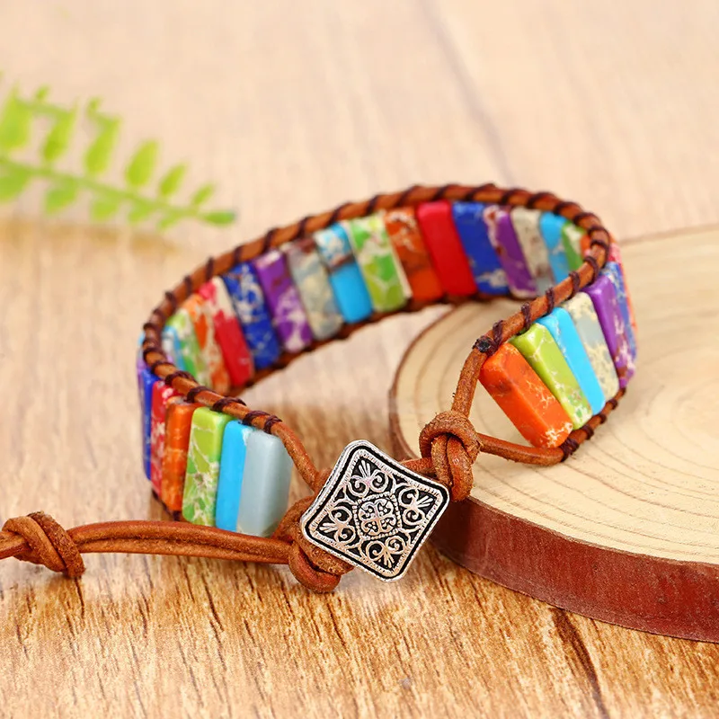 

2023 New Vintage Bohemian Cuboid Natural Stone Handwoven Leather Cord Bracelet