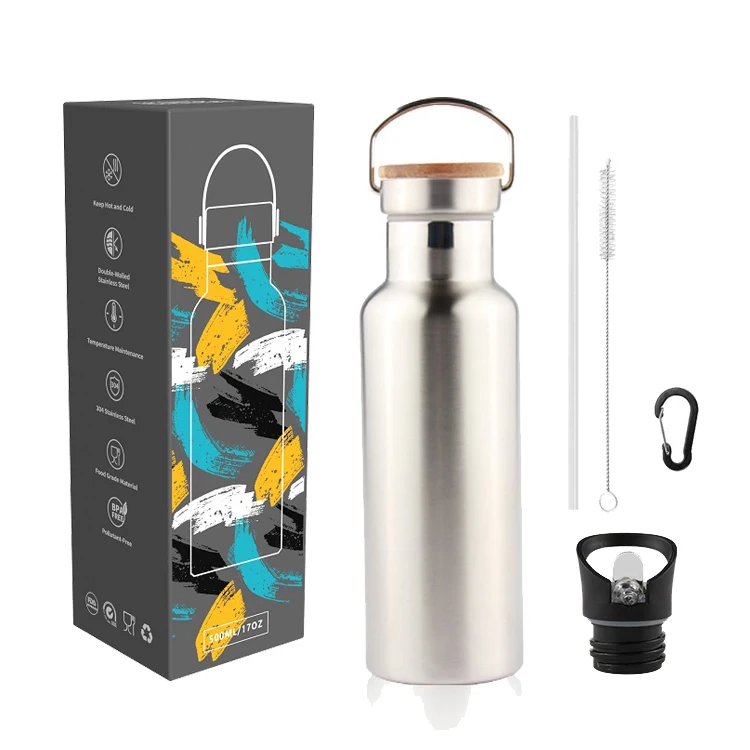 

RCS Recycled 750ML Reusable Leak-Proof Sports Camping Vacuum Insulated Stainless Steel Drinking Water Bottle With Bamboo Lid