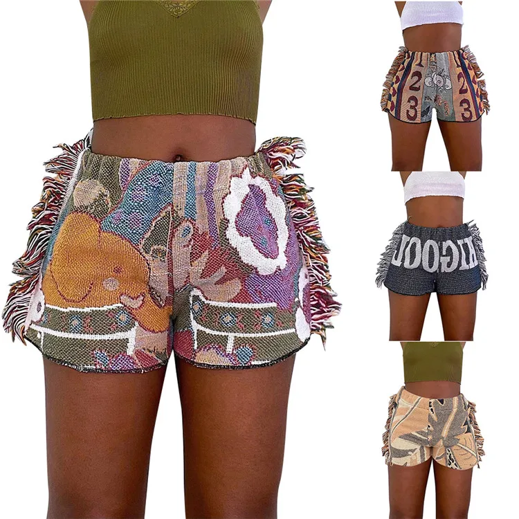 

2021 New Arrival Womens Fashion Casual Pattern Printing Tassel Shorts Women Fringe Short Pants for Summer, As picture