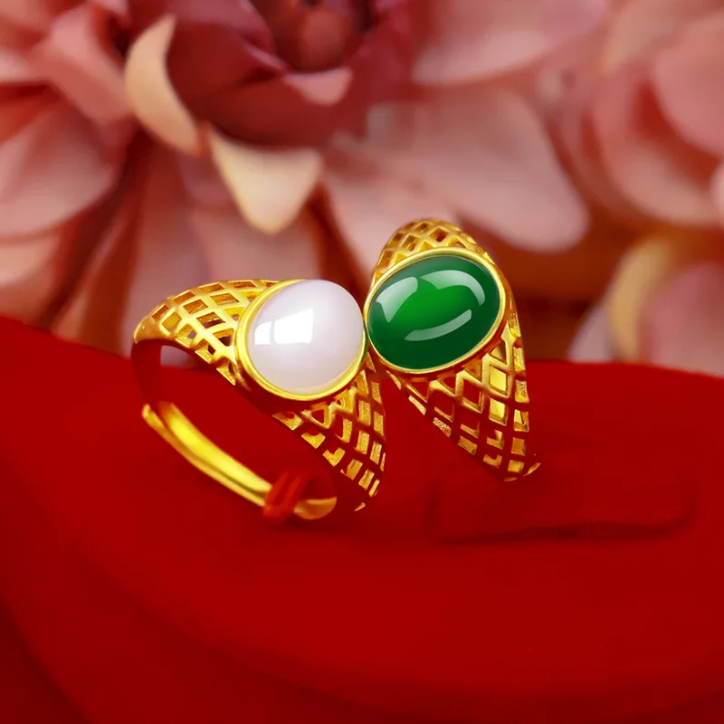 

Dropshipping Fashion Natural Green Emerald Ring 14k Gold Women Anniversary Stone Rings Chrysoprase Jade Gemstone Jewelry Female