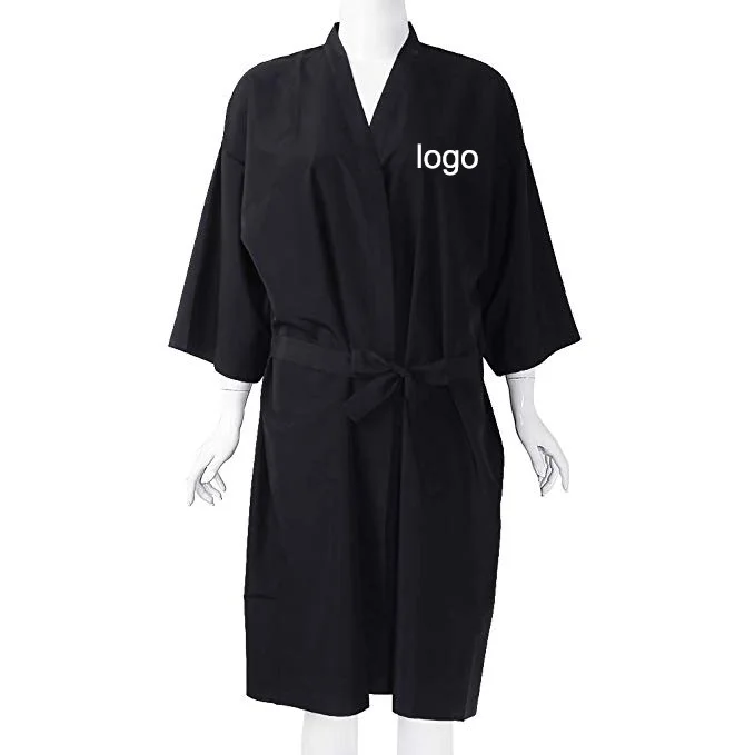 

custom spa logo polyester satin black hairdresser kimono for beauty salon