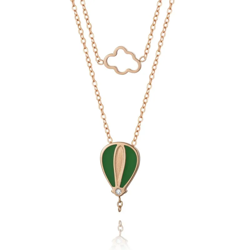 

KN86C Cute Charms Green Resin Hot Air Balloon Necklace Stainless Steel Diamond Double Cloud Necklace