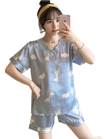 

In Stock Hot Sale Summer Women's Sleepwear Comfortable Ice Silk Pajamas Short Sleeves Pajama Set