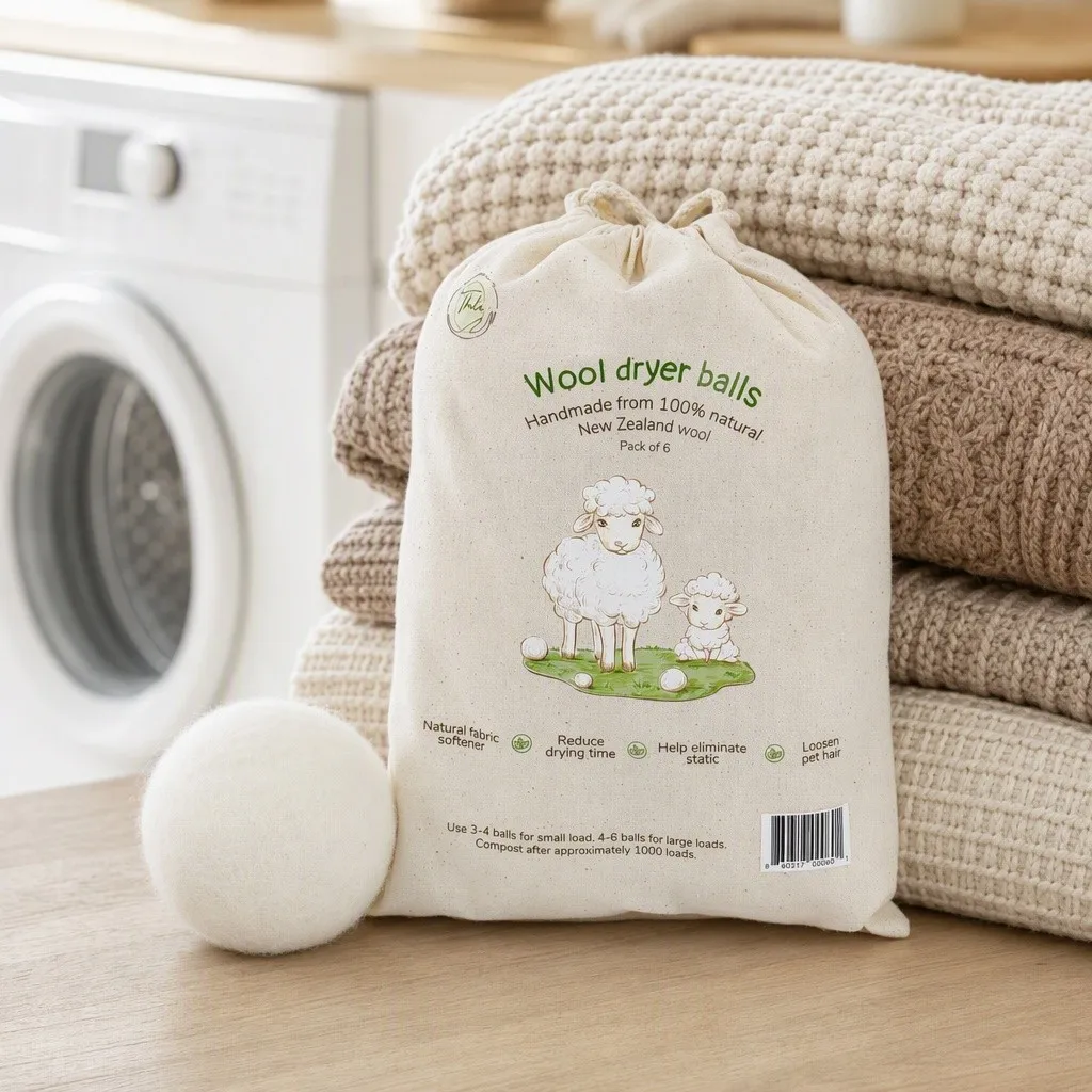 Cotton drawstring bag printed with wool dryer ball instructions beside a white felted wool ball and a washing machine
