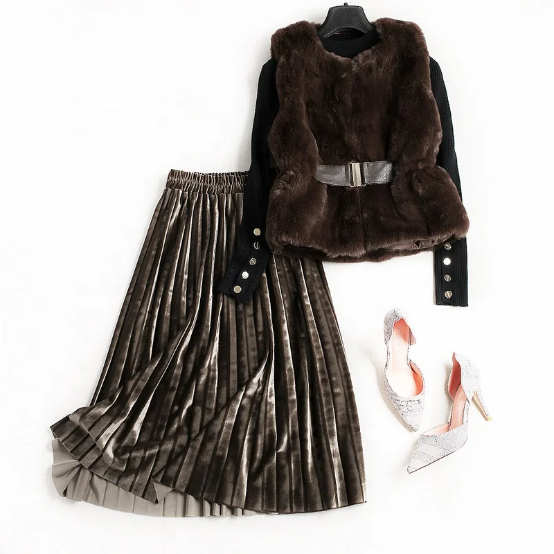 

B23933A Fashion suit women winter imitation fur vest sweater velvet skirt three-piece set