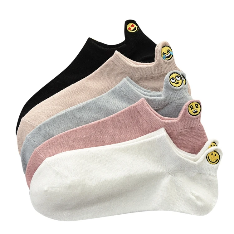 

Summer Cotton Fashion Ankle Smiley Face Pattern Socks Girl Cute Candy Colors Cartoon Embroidery Socks for Women, Multi color