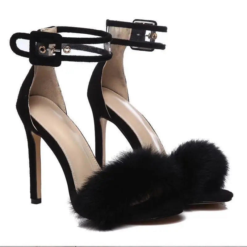 

PDEP china factory wholesale fashion women fur design pumps sexy high heel sandals thin heel ladies stiletto heels, Black,grey