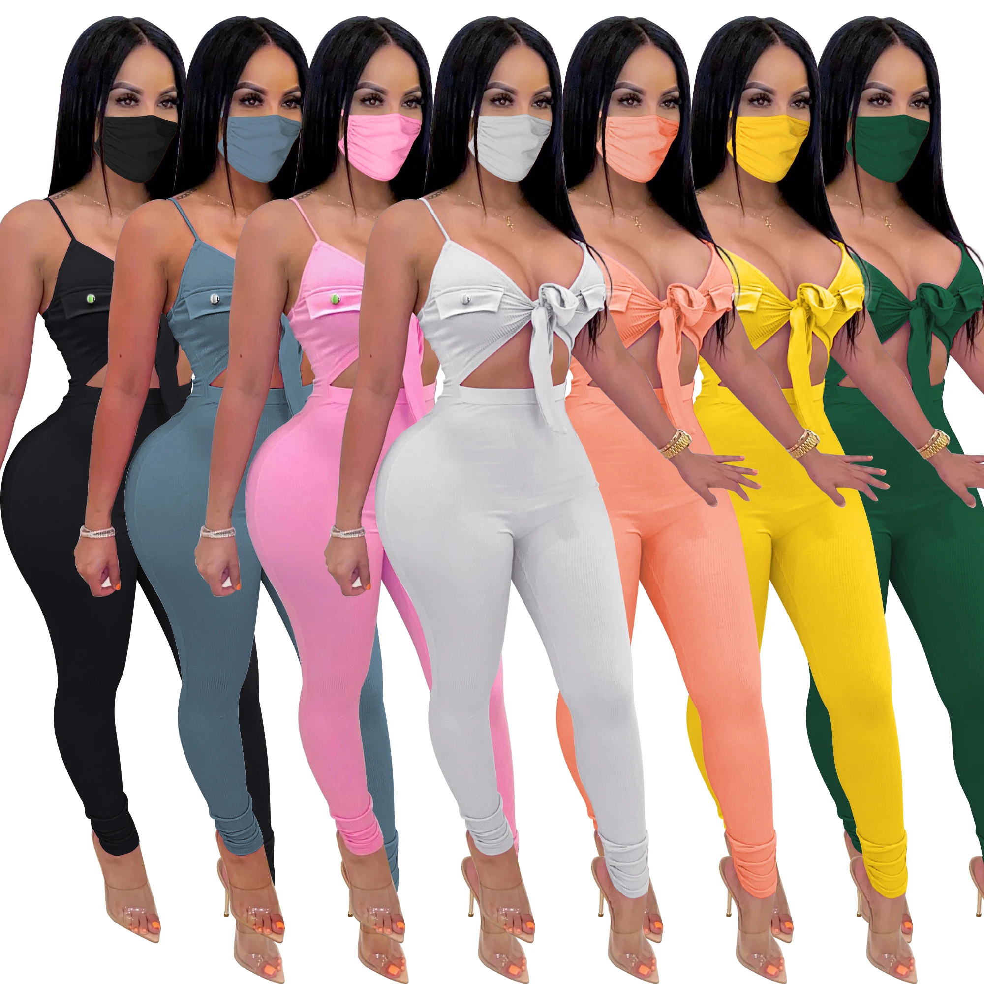 

Stock Amazon hot women's sexy solid color lace-up sleeveless high elasticity pit strip jumpsuit + Including Face, Picture color
