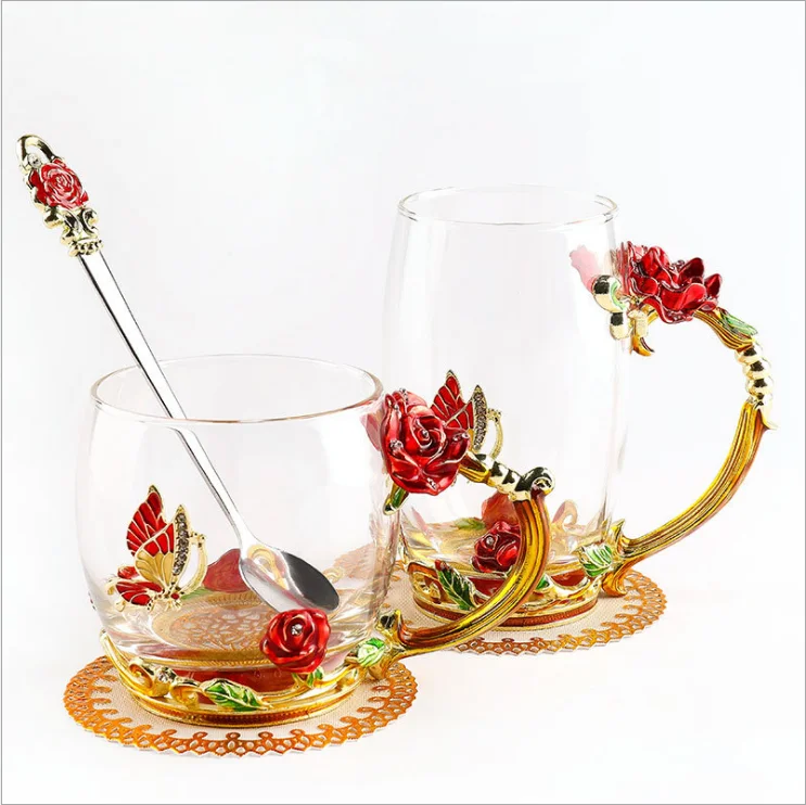 

water single wall Flower tea coffee Cup metal handle saucer enamel butterfly rose Diamonds glass mug gift set with spoon and lid, Square glass cup