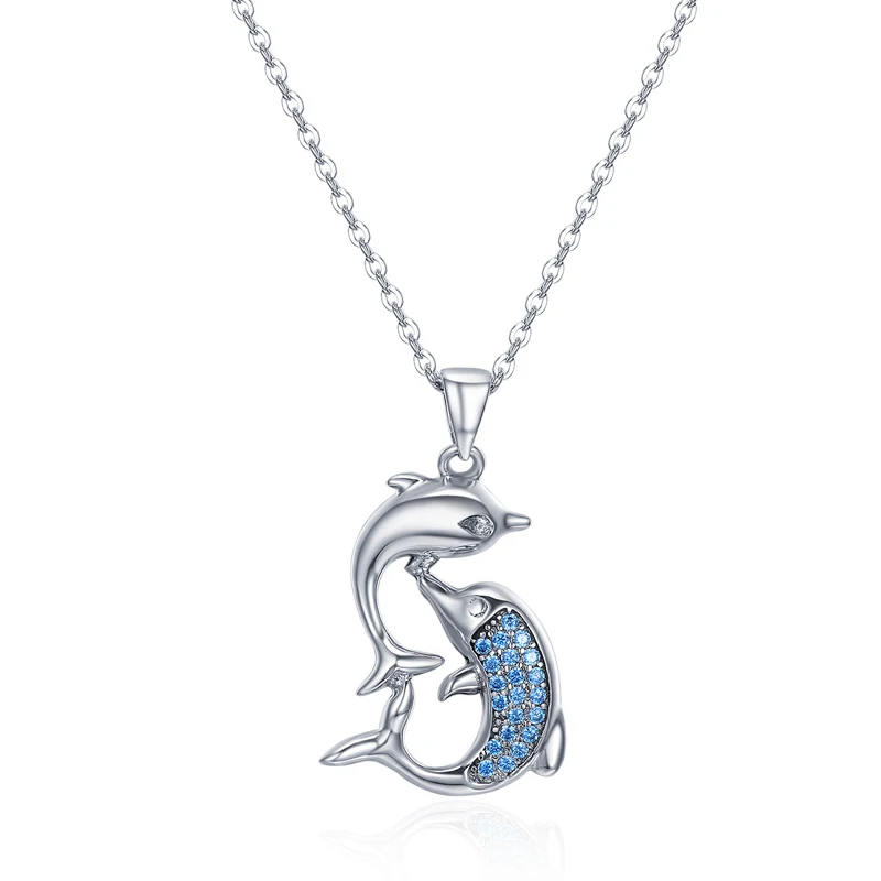 

Exquisite Double Dolphin-shape Pendant Necklace Zircon Silver Chain 925 Sterling Silver Necklace Women Summer