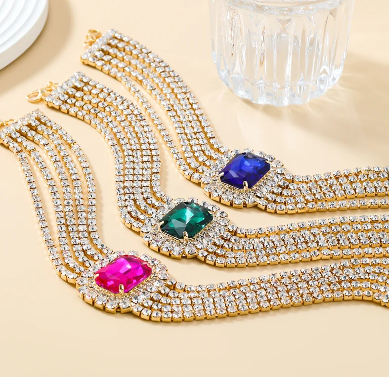 

Luxury Multilayer rhinestone Big Crystal square Choker Necklace For Women Luxury Party Wedding Necklace Fashion jewelry