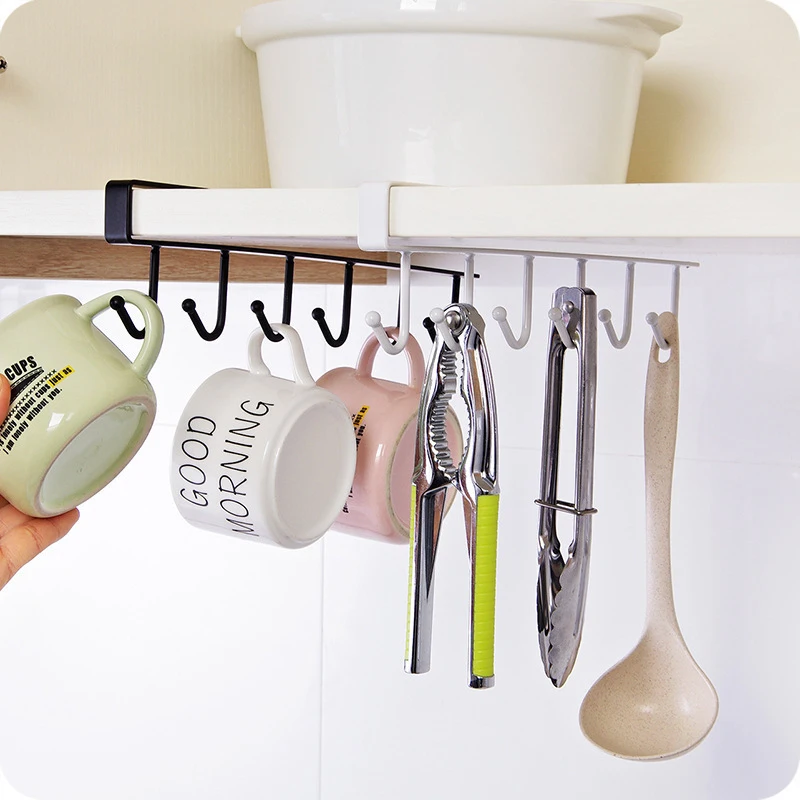 

Bathroom Hanger Kitchen Organizer Cabinet Door Shelf Removed Storage Rack Home Decor Black/white Iron 6 Hooks Cup Holder Hanging