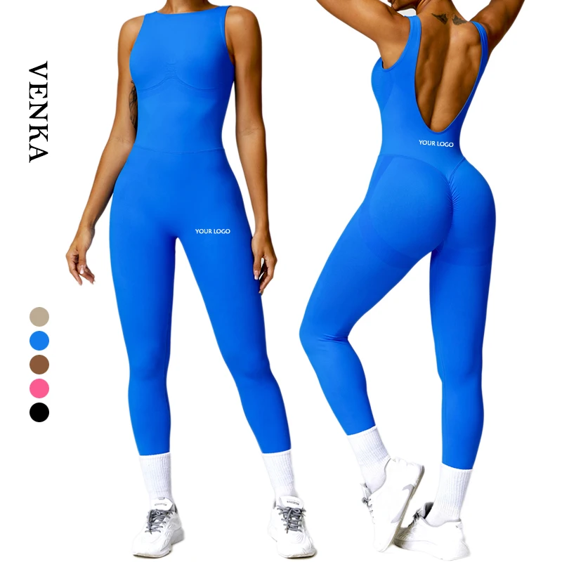 

Women's Training Fitness Clothes Sleeveless Deep V Design Butt Lifting One Piece Bodysuit Custom Logo Ladies Dance Yoga Jumpsuit