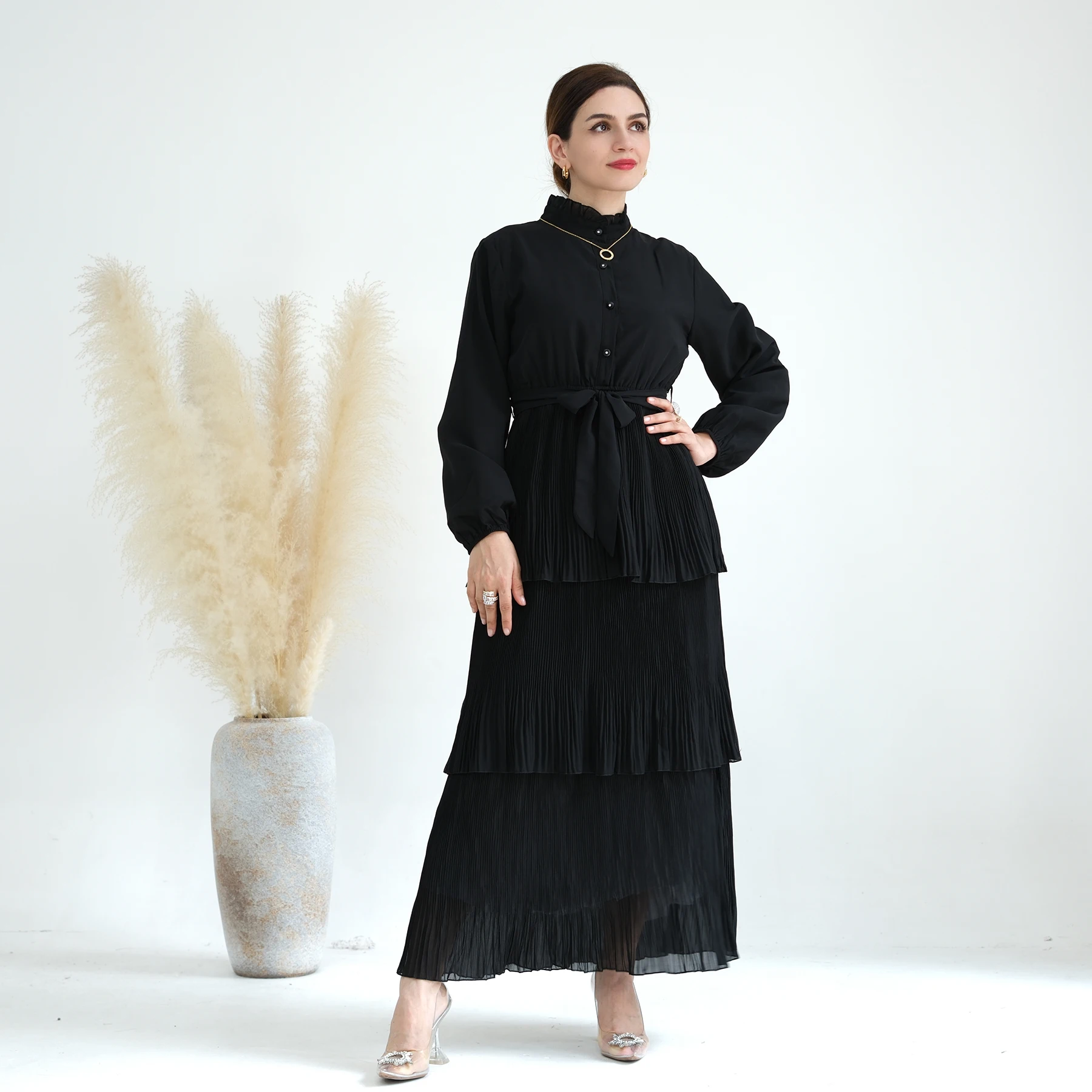 2023 Loriya Wholesale Black Abaya Modest Dress Chiffon 3 Layers Abaya Women Muslim Dress