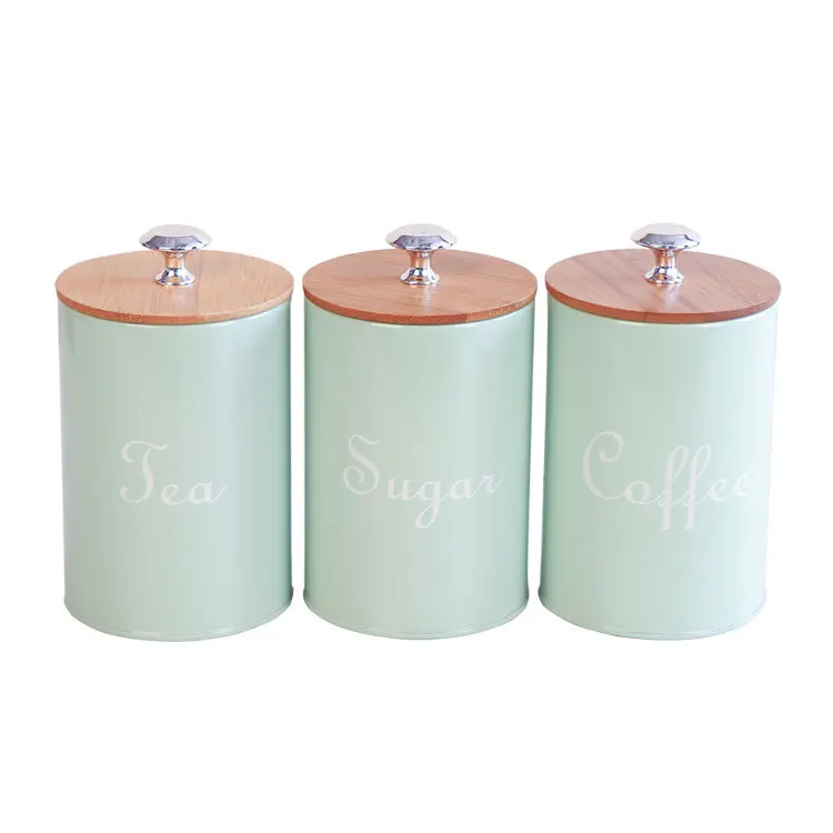 

3 Piece White Food Storage and Organization Tea Coffee Sugar Canister Set with bamboo, Green