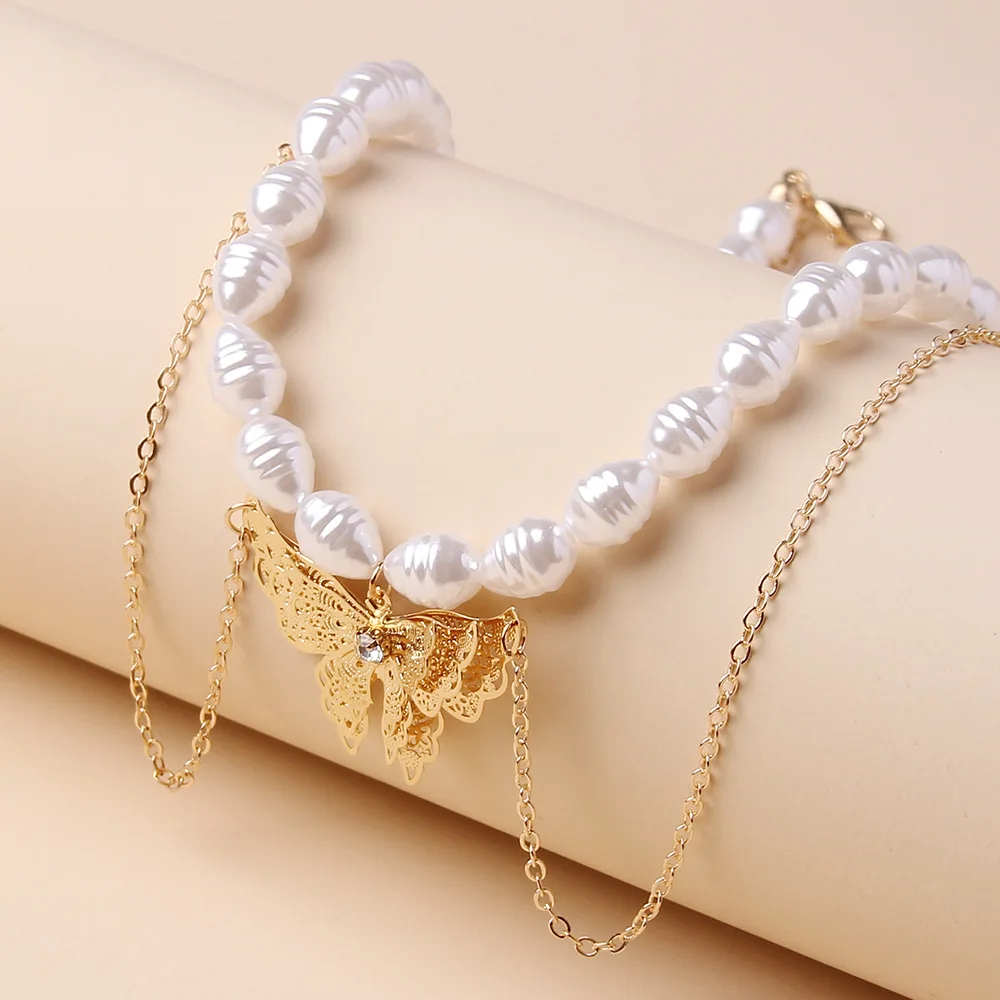 

Weihao New Fashion Aesthetic Butterfly Pendant Necklace Pearl Clavicle Chain Necklace, As picture show